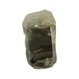 Side-on profile of tensioner in plastic wrap; cylindrical depth of the part visible, rubber outer track and metal body apparent through wrap.