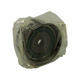 Three-quarter front view of tensioner in clear wrap; full disc profile, rubber-faced pulley surface and small central hub stud visible.