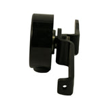 Side profile showing pulley depth, bearing housing, and L-shaped lower mounting tab with threaded hole