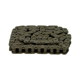 Three-quarter side view of the coiled chain showing the repeating oval outer plates and roller pitch along the bottom edge