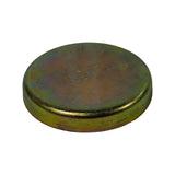 Three-quarter angled view of convex (outer/domed) face showing dome profile and rim; GM diamond logo and size stamp faintly visible on dome; surface shows age-related discolouration and oxidation