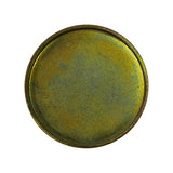 Flat top-down view of concave (reverse) face showing recessed seating rim around full circumference; iridescent zinc-chromate surface with moderate oxidation, no markings visible