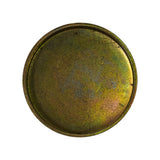 Flat top-down view of concave (reverse) face showing recessed seating rim around full circumference; faint size stamp '2 1/8"' visible upper-right; heavy zinc-chromate deterioration with rust blush throughout