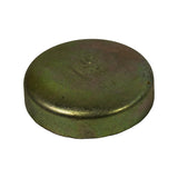 Three-quarter angled view of convex face showing dome profile and rim depth; iridescent zinc-chromate finish with rust blush across upper dome surface