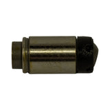 Side-on horizontal view of part with black cap end to the right; machined steel body with circumferential groove and stepped base collar visible.