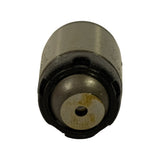 End-on view of black cap end showing recessed metal plunger face with central small-diameter oil bleed hole and partial retaining clip seated in groove.