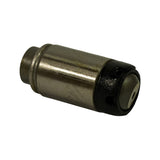 Three-quarter view of part laid on its side at angle, both ends visible; highlights cylindrical steel body, shoulder groove, and black end cap with plunger tip.
