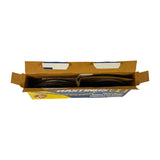 Box opened top-down view showing ring set contents: multiple dark rings grouped at left and a stack of oil control rails at right, separated by a cardboard divider. 'HASTINGS Piston Rings' text visible on box interior side panel.