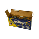 Three-quarter view of open Hastings box showing front panel branding and ring contents visible above box opening. Box edges show shelf wear and minor crushing on one corner.