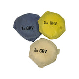 Three tissue-paper wrapped ring packs laid out flat, each individually labelled: '1st GRV' (blue wrap), '2nd GRV' (yellow wrap), '3rd GRV' (white/cream wrap).