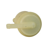 Top-down view of filter showing circular flanged end cap with central recessed dome and one barbed nipple extending to the right; minor surface dust specks visible
