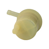 Angled view showing both end caps and the full length of the cylindrical body; translucent plastic slightly yellowed with age, two nipples symmetrically positioned