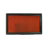 Unwrapped top-down of black-framed panel filter, clean product shot with no markings visible, shows polyurethane frame and vertical pleat pattern