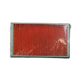 Top-down of larger grey-foam-framed filter variant, red pleated media, faint partial label visible on left edge of frame