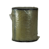 Rear side of wrapped filter, no label, showing full pleated media pattern through plastic shrink wrap with black rubber end caps top and bottom