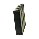 Three-quarter angled view showing the depth of the filter frame and the pleated element from the side, with reinforcing ribs on the underside