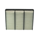 Underside view showing clean white pleated paper media with foam/felt seal strips at the top edge and three dividing ribs creating the panel sections