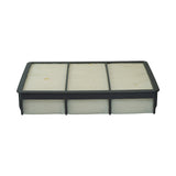 Front edge-on view showing frame profile, foam side seals, and the pleated element split across three sections