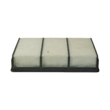 Rear edge-on view showing the rear-facing foam seal strip, frame thickness, and pleated element from the opposite end