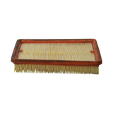 Angled three-quarter view showing pleat depth and the orange frame profile, secondary underside pleat pack visible below the upper element
