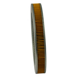 Edge-on profile showing shallow thickness of the element with orange pleated paper media sandwiched between bare galvanized steel rings