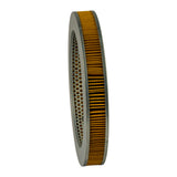 Angled edge view showing outer pleated orange paper media and inner perforated galvanized mesh liner visible through the central bore