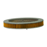 Three-quarter view of the filter on its side, pleated orange paper media with galvanized rim, perforated inner mesh visible through central opening