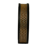 Edge-on profile view showing full depth of the filter, perforated outer mesh screen covering the pleated paper element between two black rubber end caps