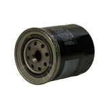 Three-quarter angle view showing the mounting baseplate, a small yellow paint QC mark at the edge of the base, and the side print wrapping to the NOTICE panel