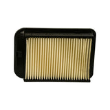 Pleat-end view of filter with outlet side uppermost, asymmetric outline with square locating tab on left short end and moulded support ribs opposite