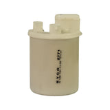 Front face of filter showing cylindrical body with lobed/fluted cross-section; 'RYCO Z771 IN TANK FUEL FILTER 130110' printed clearly in black on cream plastic body; three port stubs visible on top cap