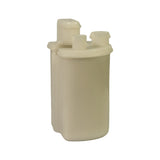 Rear three-quarter view showing opposite side of filter; fluted body profile and top cap with three ports visible; cream/off-white plastic, unused condition