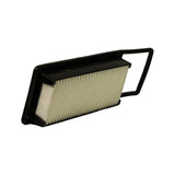 Angled end-on view showing pleated filter media from narrow end, with the open rectangular handle frame extending to the right