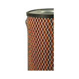 Close-up of upper section showing the bonded rubber seal ring, inner metal centre, and the expanded-metal mesh pattern protecting the pleated element