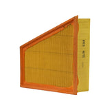 Angled side-plus-face view showing both the intake (orange-framed) face and the paper side simultaneously; part markings confirmed again on this face.