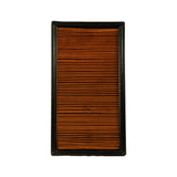Top-down view of panel air filter element, black rubber frame surrounding horizontal orange pleated paper media, faint illegible printing visible on centre pleat tops