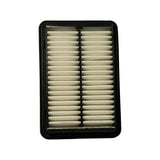 Top-down view of rectangular panel air filter, clean side facing up, showing twin longitudinal pleat banks separated by central plastic rib within black moulded frame