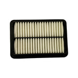 Top-down view of the dirty/intake side showing a single transverse divider rib splitting the element into two pleat zones, clean unused white filter media
