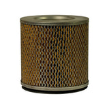 Cylindrical air filter element standing upright, viewed from the open-inlet end. Expanded metal outer mesh wraps pleated tan paper media. Pressed steel top cap with central open bore sits above the rubber base seal.