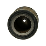 End-on view of the open inlet, looking down into the filter. Thick rubber sealing ring on outer face, internal conical reducer with a small central hole visible through the bore.