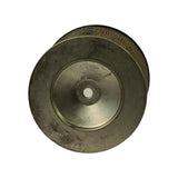 End-on view of the closed end cap, pressed steel dished top with shallow central recess and small pinhole at centre, surface shows light storage patina.