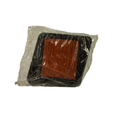 Top-face view at slight angle. Orange pleated element and black surround frame visible through clear plastic. No part number, brand stamp, or label visible anywhere on filter or packaging.