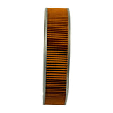 Edge-on side profile showing overall height and vertical pleats of the paper filter media captured between metal rims
