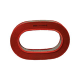 Top-down view of the Bosch air filter removed from box, red polyurethane seal with stamped 'BOSCH 1 457 429 996' and Bosch armature logo visible across the top face, white pleated paper element visible through the oval central opening