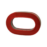 Underside of the filter showing the flat red sealing face and the inner oval opening with pleated media visible behind the mesh