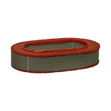 Side-on view of the filter element showing the full oval circumference, perforated outer support mesh over pleated paper, and the red seal forming the top sealing face