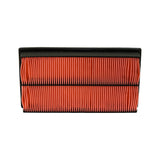 Long-edge profile showing pleat depth, the stepped black plastic/rubber end frame, and both rows of pleats separated by the central divider rib