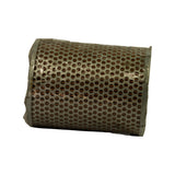 Side view of filter lying on its curved surface, shrink-wrap crease visible, metal outer mesh with uniform round perforations over full height of element