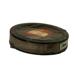 Low-angle side view showing filter depth and mesh sidewall. Internal white paper element visible through mesh. Two stickers visible: internal stock label (FIL-00144) and a retailer/catalogue barcode label reading 'Ryco A352'. Filter laid flat showing oval/circular profile from this angle.