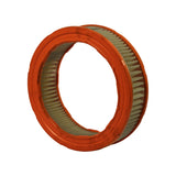 Filter element viewed at an oblique angle from above showing orange plastisol end cap on top face, radial pleated paper media visible through outer mesh screen, element is uninstalled and unsoiled.